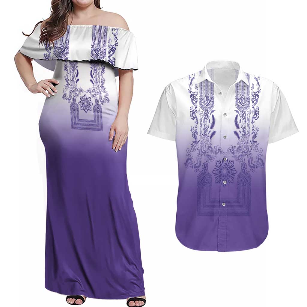 Philippines Barong Style Couples Matching Off Shoulder Maxi Dress and Hawaiian Shirt with Polynesian Art and Leaf Motif Purple Color LT03 Purple - Polynesian Pride