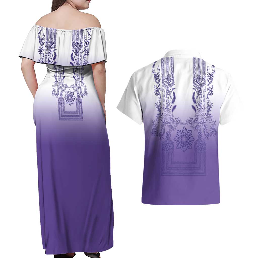 Philippines Barong Style Couples Matching Off Shoulder Maxi Dress and Hawaiian Shirt with Polynesian Art and Leaf Motif Purple Color LT03 - Polynesian Pride