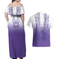 Philippines Barong Style Couples Matching Off Shoulder Maxi Dress and Hawaiian Shirt with Polynesian Art and Leaf Motif Purple Color LT03 - Polynesian Pride