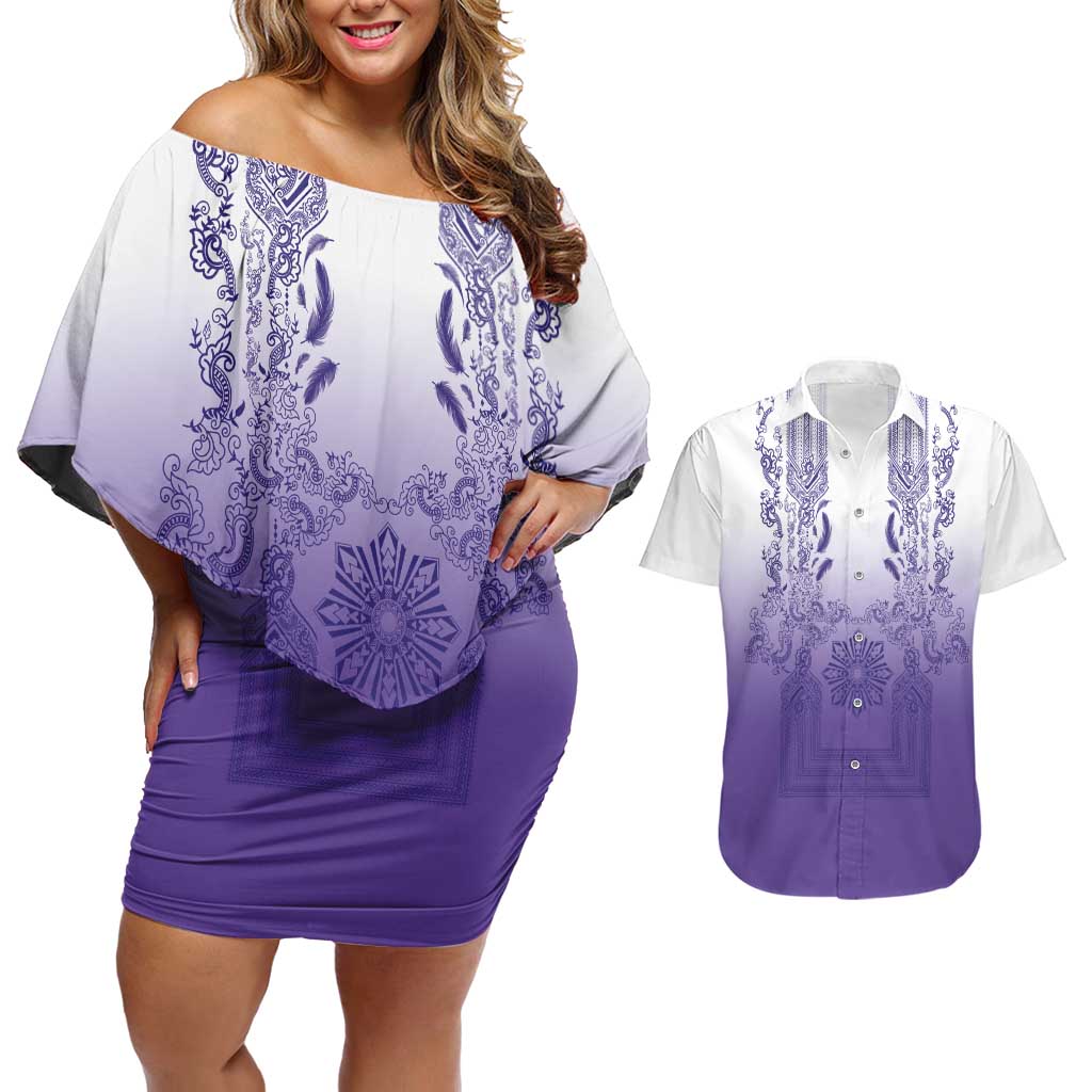 Philippines Barong Style Couples Matching Off Shoulder Short Dress and Hawaiian Shirt with Polynesian Art and Leaf Motif Purple Color LT03 Purple - Polynesian Pride