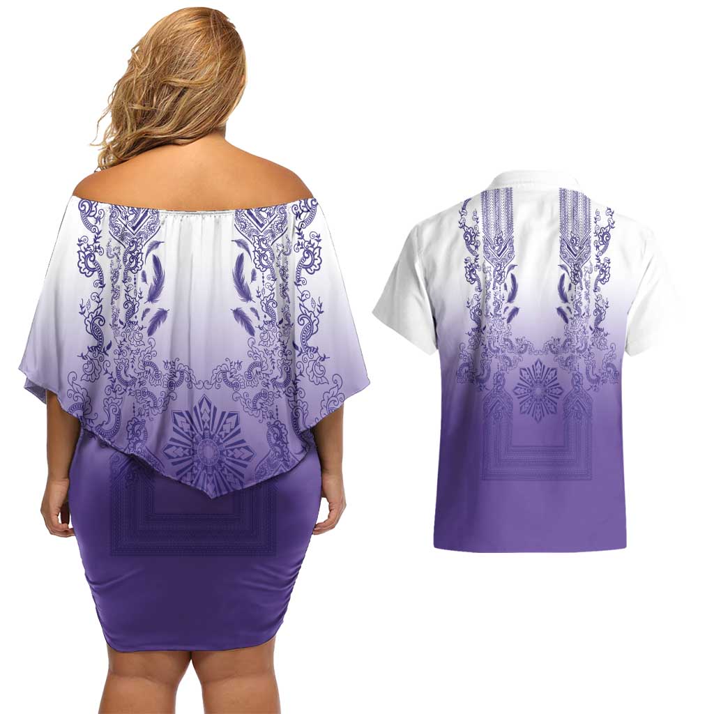 Philippines Barong Style Couples Matching Off Shoulder Short Dress and Hawaiian Shirt with Polynesian Art and Leaf Motif Purple Color LT03 - Polynesian Pride