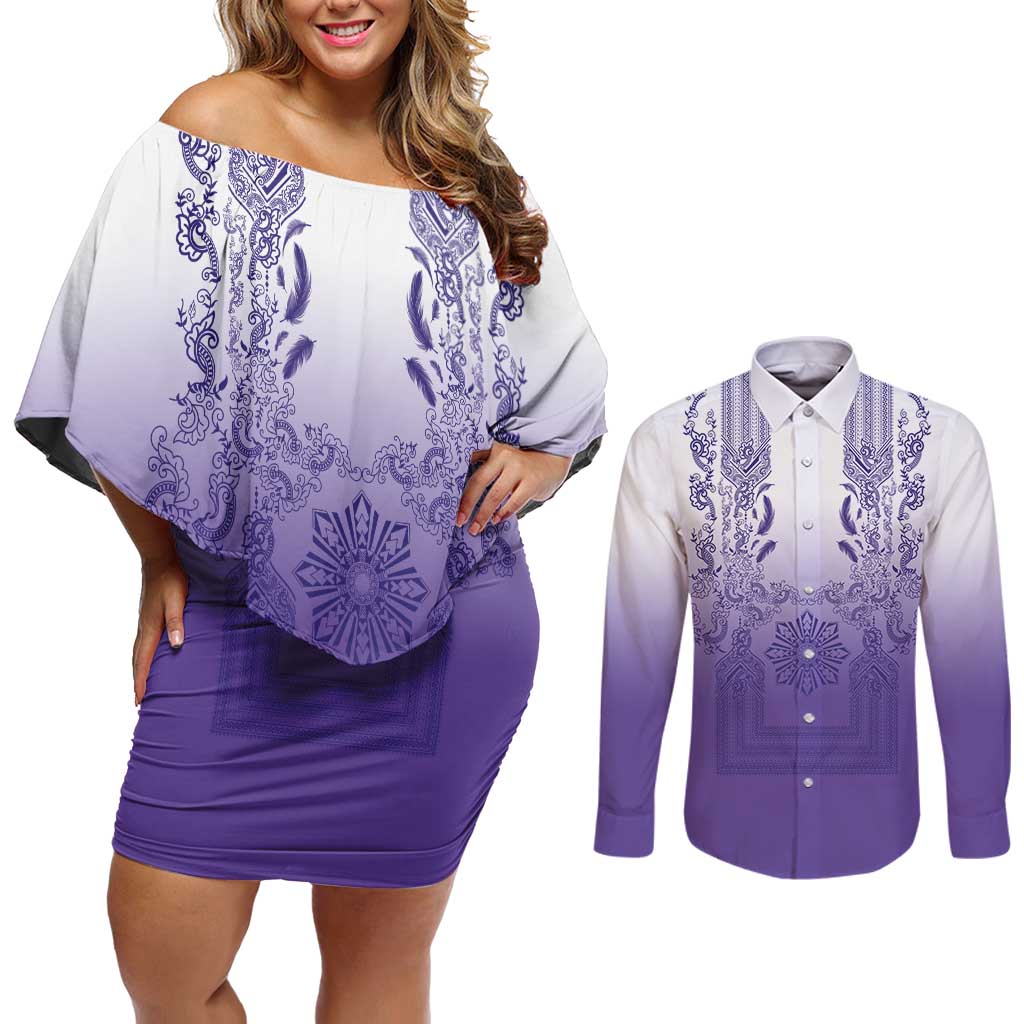 Philippines Barong Style Couples Matching Off Shoulder Short Dress and Long Sleeve Button Shirt with Polynesian Art and Leaf Motif Purple Color