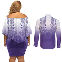 Philippines Barong Style Couples Matching Off Shoulder Short Dress and Long Sleeve Button Shirt with Polynesian Art and Leaf Motif Purple Color