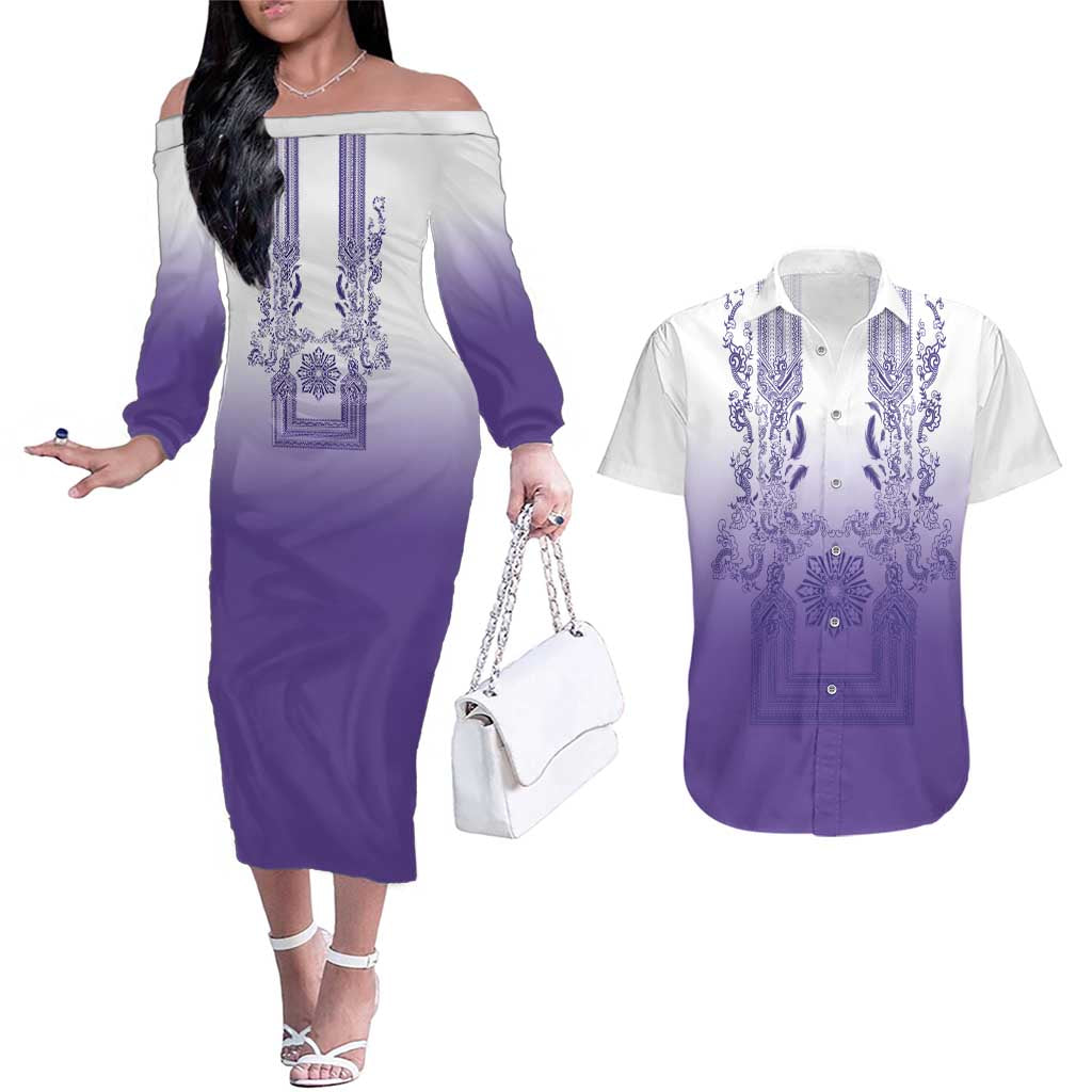 Philippines Barong Style Couples Matching Off The Shoulder Long Sleeve Dress and Hawaiian Shirt with Polynesian Art and Leaf Motif Purple Color