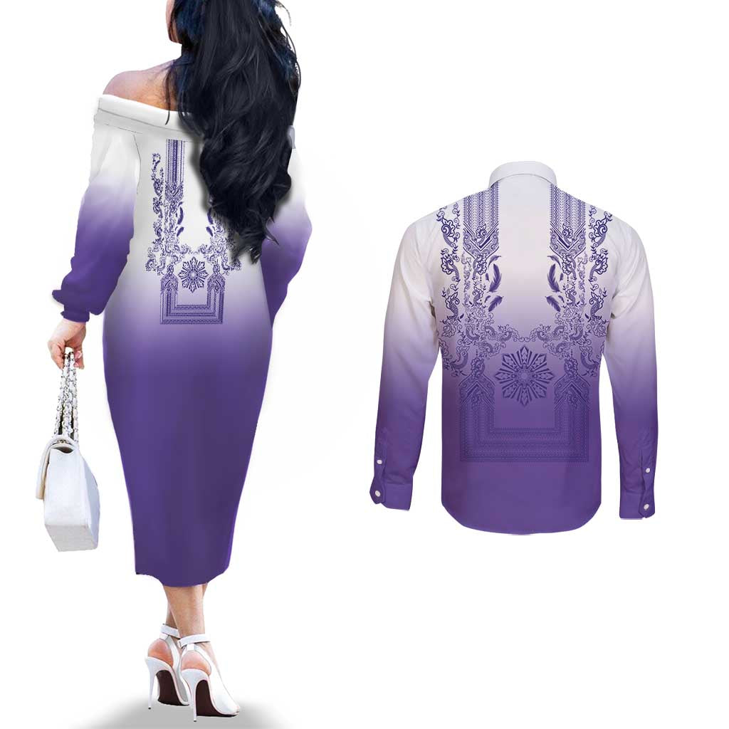 Philippines Barong Style Couples Matching Off The Shoulder Long Sleeve Dress and Long Sleeve Button Shirt with Polynesian Art and Leaf Motif Purple Color LT03 - Polynesian Pride