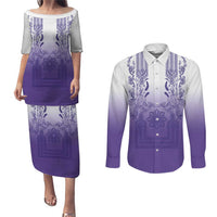 Philippines Barong Style Couples Matching Puletasi and Long Sleeve Button Shirt with Polynesian Art and Leaf Motif Purple Color LT03 Purple - Polynesian Pride