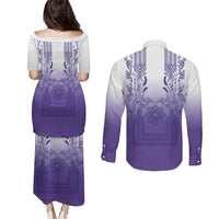 Philippines Barong Style Couples Matching Puletasi and Long Sleeve Button Shirt with Polynesian Art and Leaf Motif Purple Color LT03 - Polynesian Pride