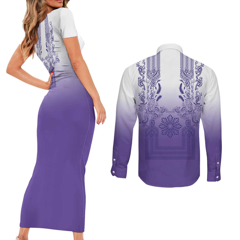 Philippines Barong Style Couples Matching Short Sleeve Bodycon Dress and Long Sleeve Button Shirt with Polynesian Art and Leaf Motif Purple Color LT03 - Polynesian Pride