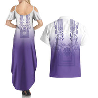 Philippines Barong Style Couples Matching Summer Maxi Dress and Hawaiian Shirt with Polynesian Art and Leaf Motif Purple Color LT03 - Polynesian Pride