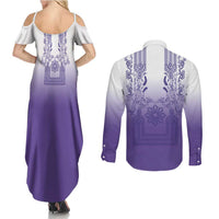 Philippines Barong Style Couples Matching Summer Maxi Dress and Long Sleeve Button Shirt with Polynesian Art and Leaf Motif Purple Color
