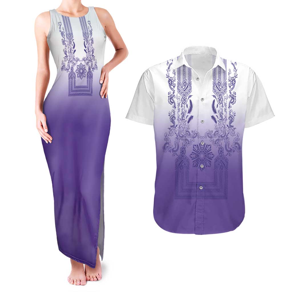 Philippines Barong Style Couples Matching Tank Maxi Dress and Hawaiian Shirt with Polynesian Art and Leaf Motif Purple Color LT03 Purple - Polynesian Pride