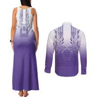 Philippines Barong Style Couples Matching Tank Maxi Dress and Long Sleeve Button Shirt with Polynesian Art and Leaf Motif Purple Color