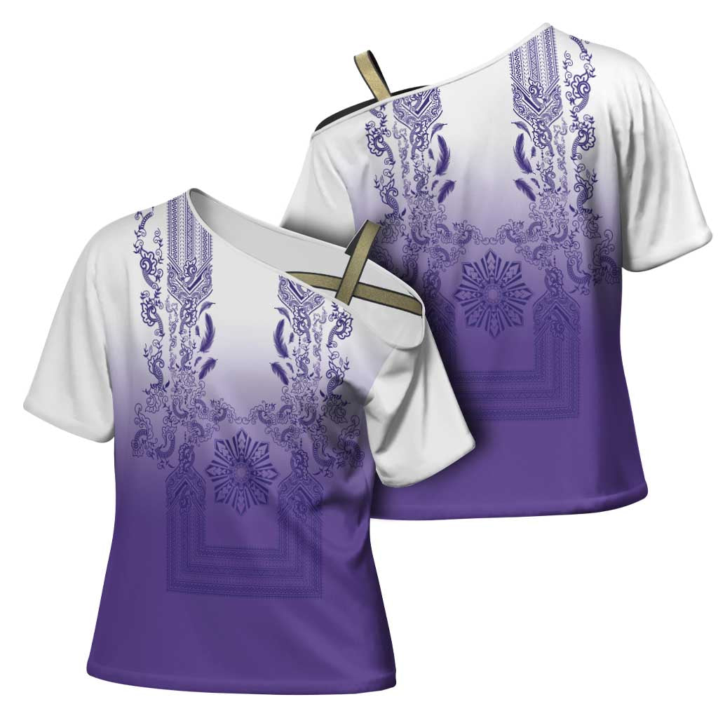 Philippines Barong Style Cross Shoulder Shirt with Polynesian Art and Leaf Motif Purple Color