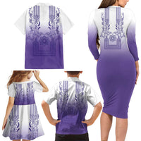 Philippines Barong Style Family Matching Long Sleeve Bodycon Dress and Hawaiian Shirt with Polynesian Art and Leaf Motif Purple Color LT03 - Polynesian Pride