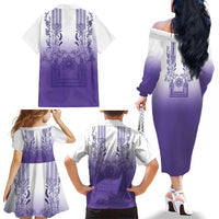 Philippines Barong Style Family Matching Off The Shoulder Long Sleeve Dress and Hawaiian Shirt with Polynesian Art and Leaf Motif Purple Color LT03 - Polynesian Pride