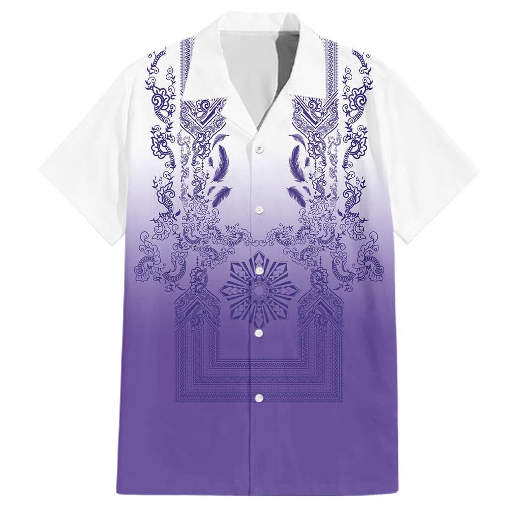 Philippines Barong Style Family Matching Off The Shoulder Long Sleeve Dress and Hawaiian Shirt with Polynesian Art and Leaf Motif Purple Color LT03 Dad's Shirt - Short Sleeve Purple - Polynesian Pride