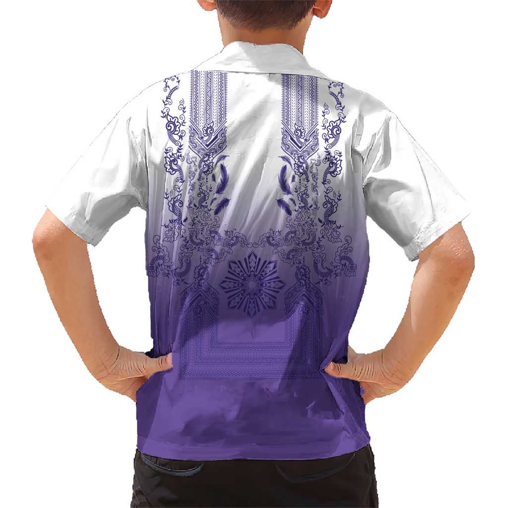 Philippines Barong Style Family Matching Off Shoulder Maxi Dress and Hawaiian Shirt with Polynesian Art and Leaf Motif Purple Color LT03 - Polynesian Pride