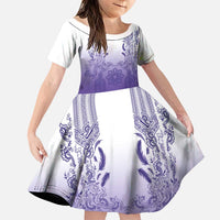 Philippines Barong Style Family Matching Off Shoulder Maxi Dress and Hawaiian Shirt with Polynesian Art and Leaf Motif Purple Color LT03 Daughter's Dress Purple - Polynesian Pride