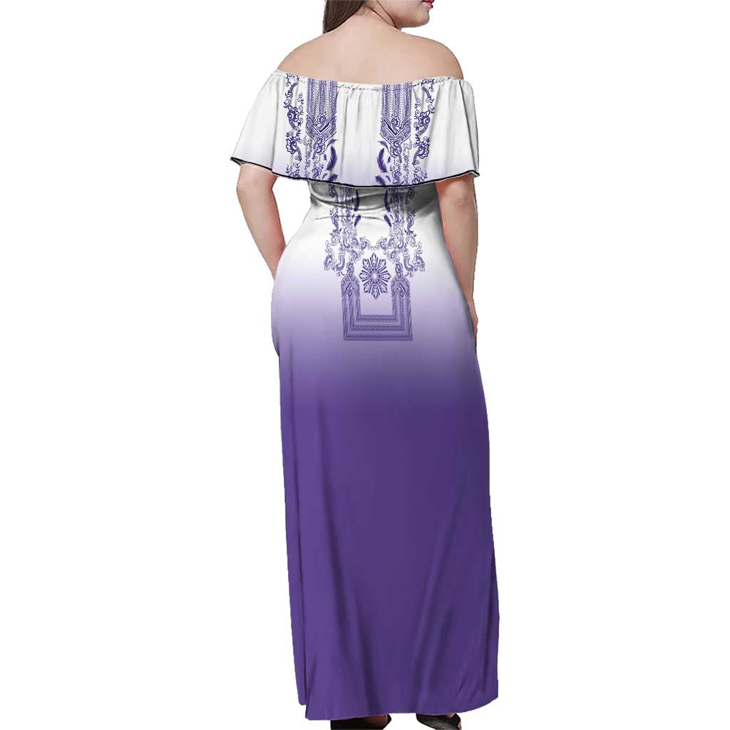 Philippines Barong Style Family Matching Off Shoulder Maxi Dress and Hawaiian Shirt with Polynesian Art and Leaf Motif Purple Color LT03 - Polynesian Pride