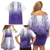 Philippines Barong Style Family Matching Off Shoulder Short Dress and Hawaiian Shirt with Polynesian Art and Leaf Motif Purple Color LT03 - Polynesian Pride