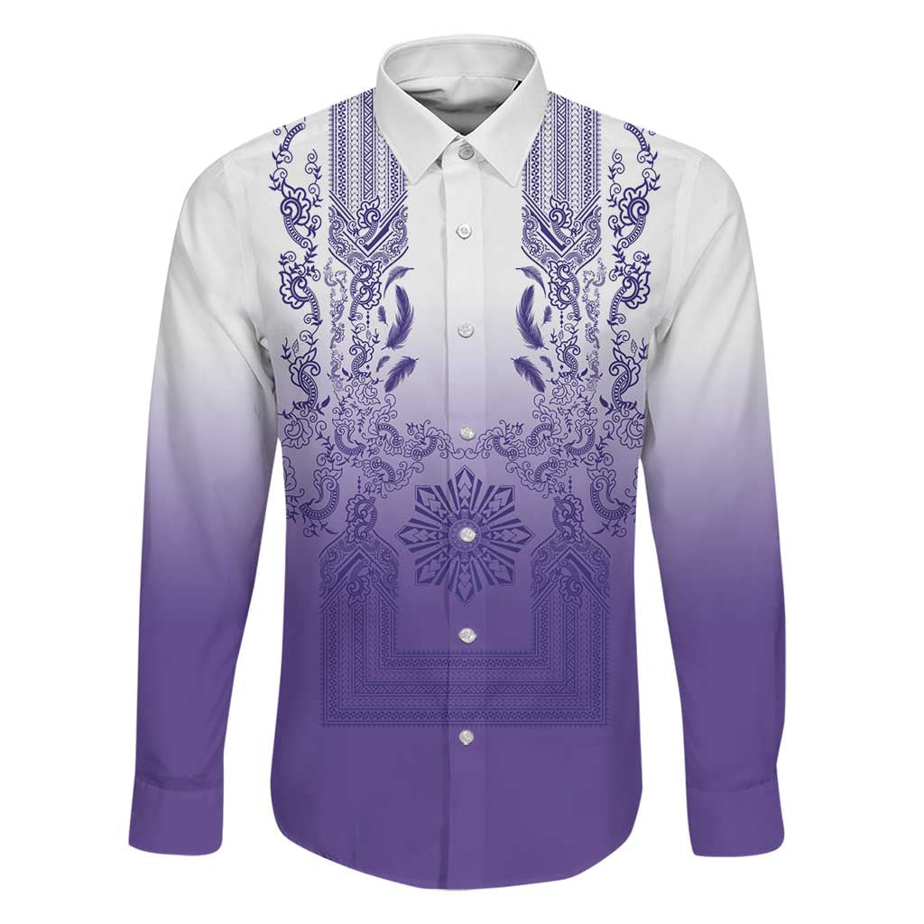 Philippines Barong Style Family Matching Off Shoulder Short Dress and Hawaiian Shirt with Polynesian Art and Leaf Motif Purple Color LT03 Dad's Shirt - Long Sleeve Purple - Polynesian Pride