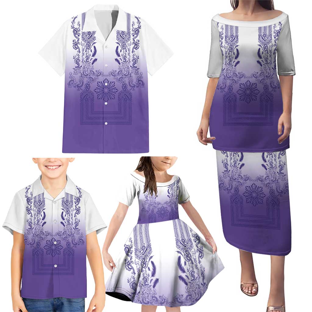 Philippines Barong Style Family Matching Puletasi and Hawaiian Shirt with Polynesian Art and Leaf Motif Purple Color