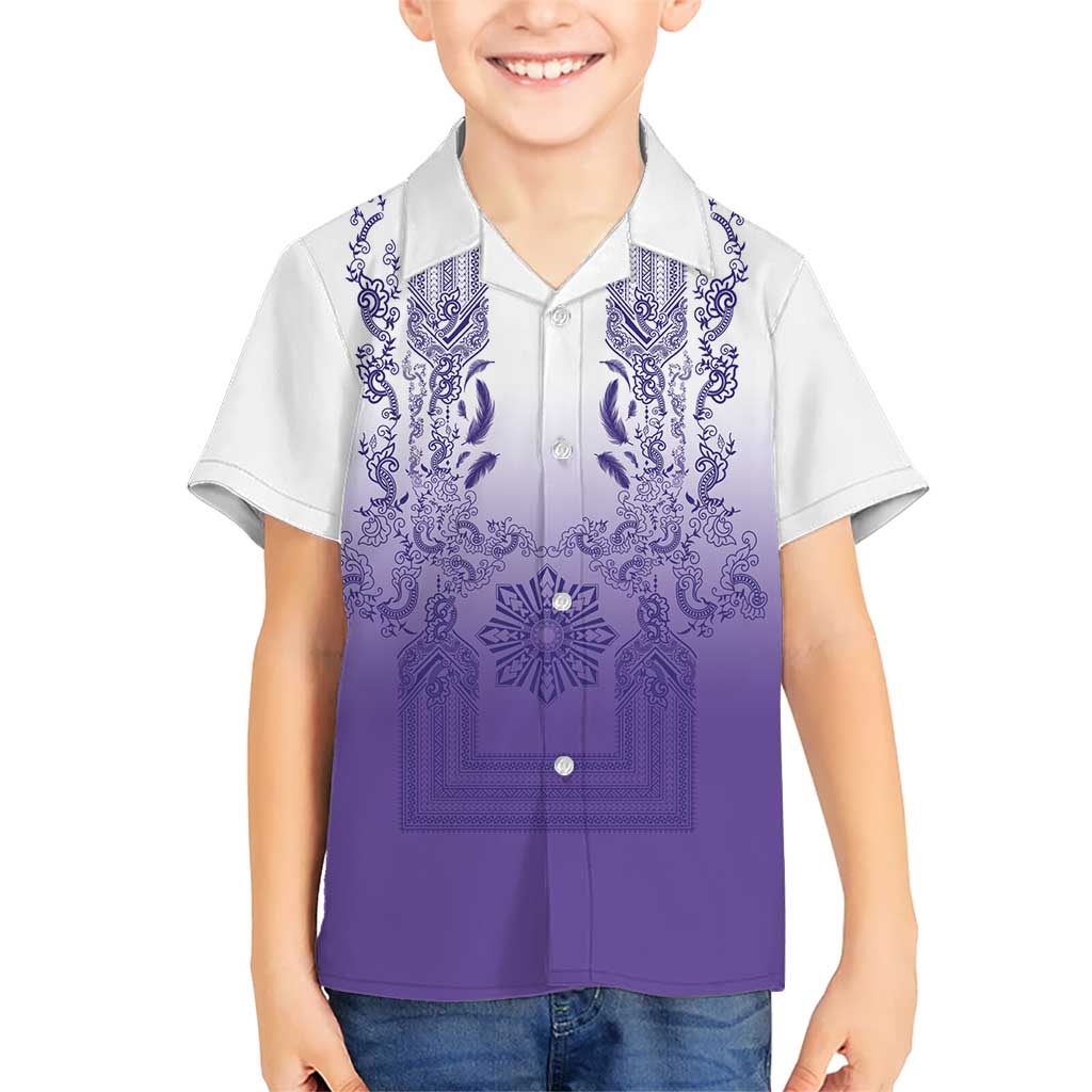 Philippines Barong Style Family Matching Puletasi and Hawaiian Shirt with Polynesian Art and Leaf Motif Purple Color LT03 Son's Shirt Purple - Polynesian Pride