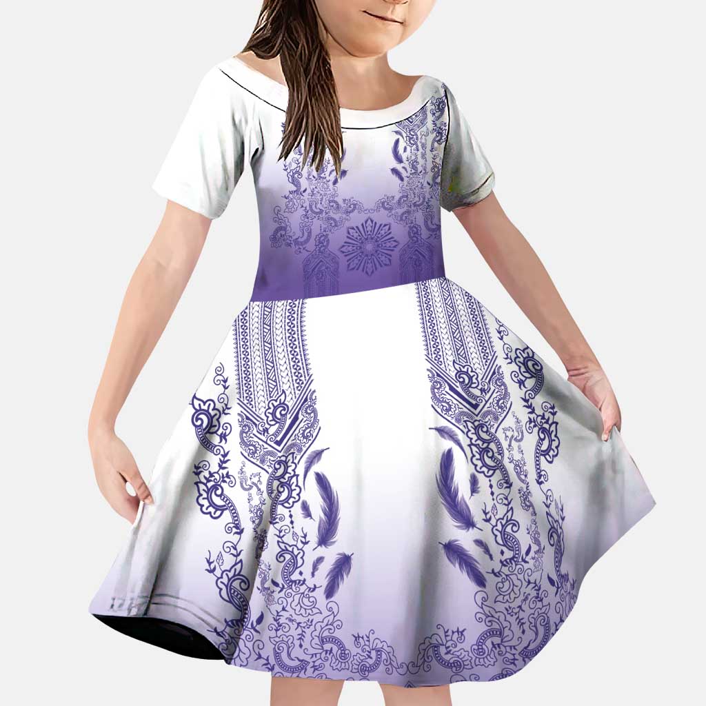 Philippines Barong Style Family Matching Summer Maxi Dress and Hawaiian Shirt with Polynesian Art and Leaf Motif Purple Color LT03 Daughter's Dress Purple - Polynesian Pride