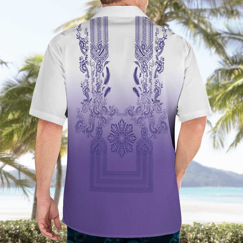 Philippines Barong Style Hawaiian Shirt with Polynesian Art and Leaf Motif Purple Color