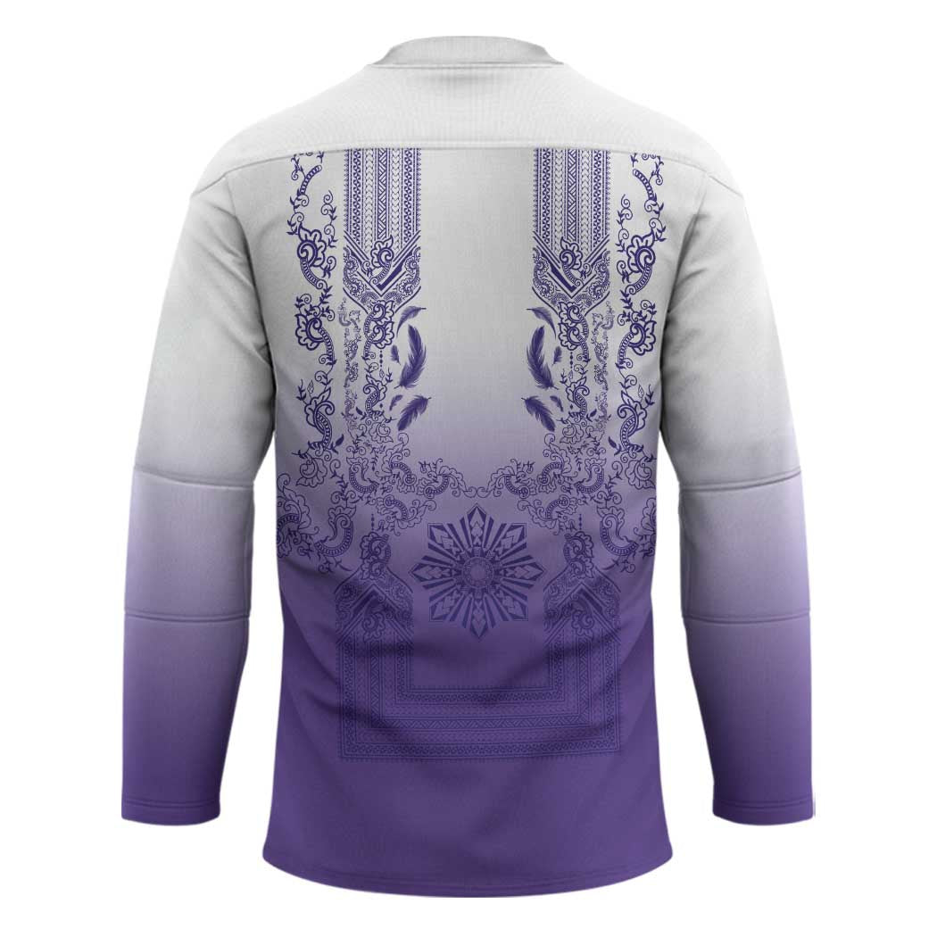 Philippines Barong Style Hockey Jersey with Polynesian Art and Leaf Motif Purple Color