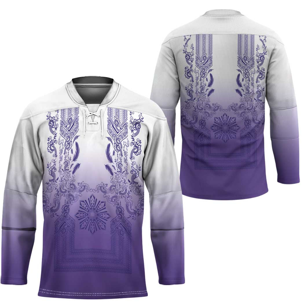Philippines Barong Style Hockey Jersey with Polynesian Art and Leaf Motif Purple Color