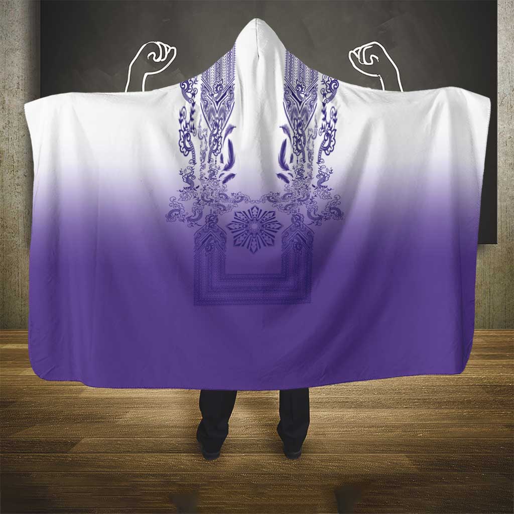 Philippines Barong Style Hooded Blanket with Polynesian Art and Leaf Motif Purple Color