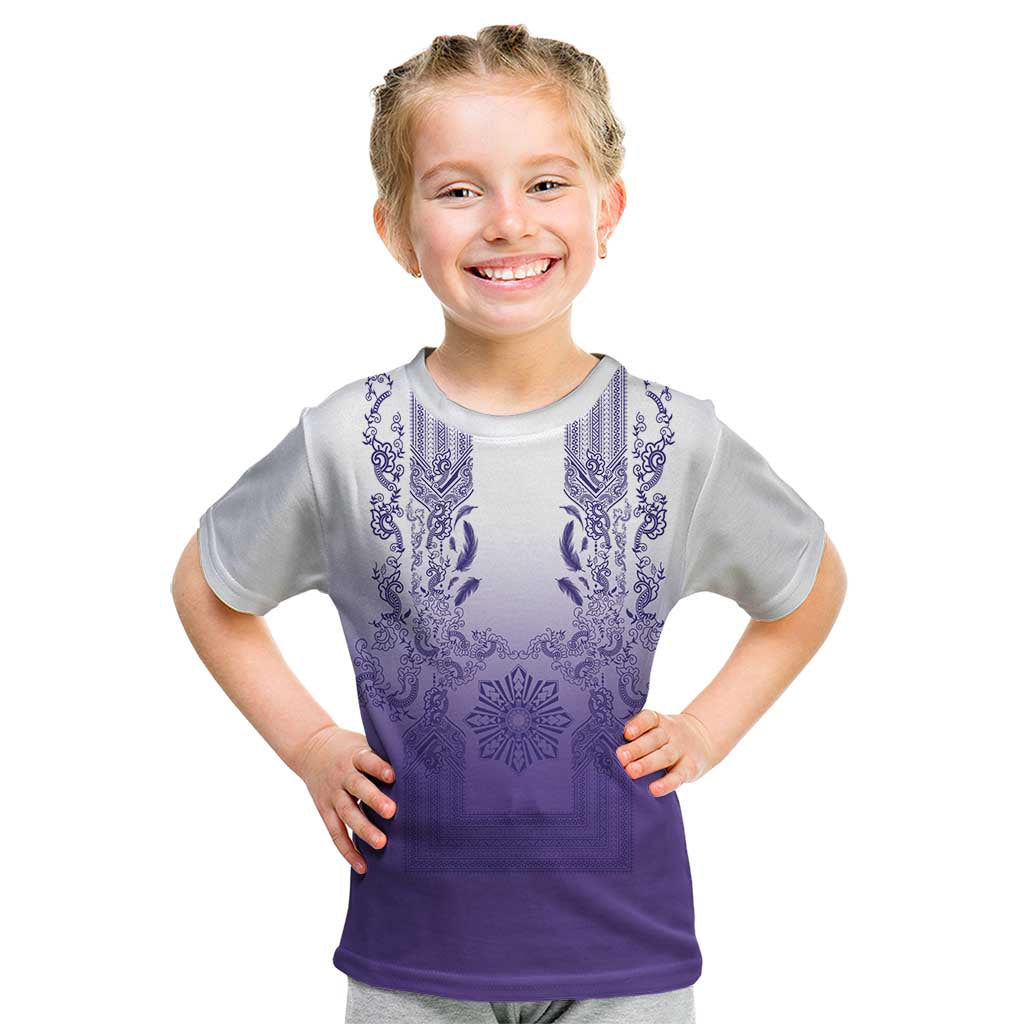 Philippines Barong Style Kid T Shirt with Polynesian Art and Leaf Motif Purple Color