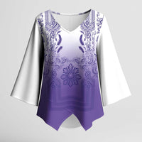 Philippines Barong Style Kimono Sleeve Blouse with Polynesian Art and Leaf Motif Purple Color