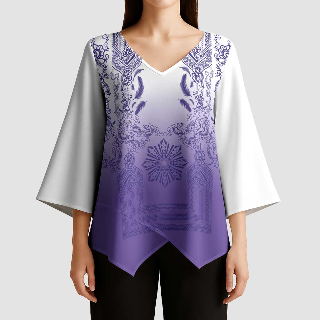 Philippines Barong Style Kimono Sleeve Blouse with Polynesian Art and Leaf Motif Purple Color