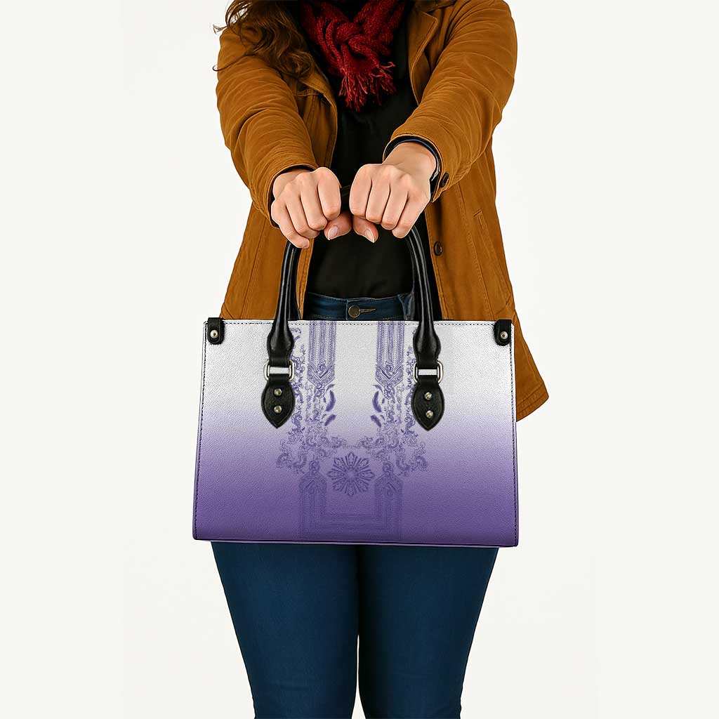 Philippines Barong Style Leather Bag with Polynesian Art and Leaf Motif Purple Color