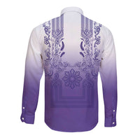 Philippines Barong Style Long Sleeve Button Shirt with Polynesian Art and Leaf Motif Purple Color