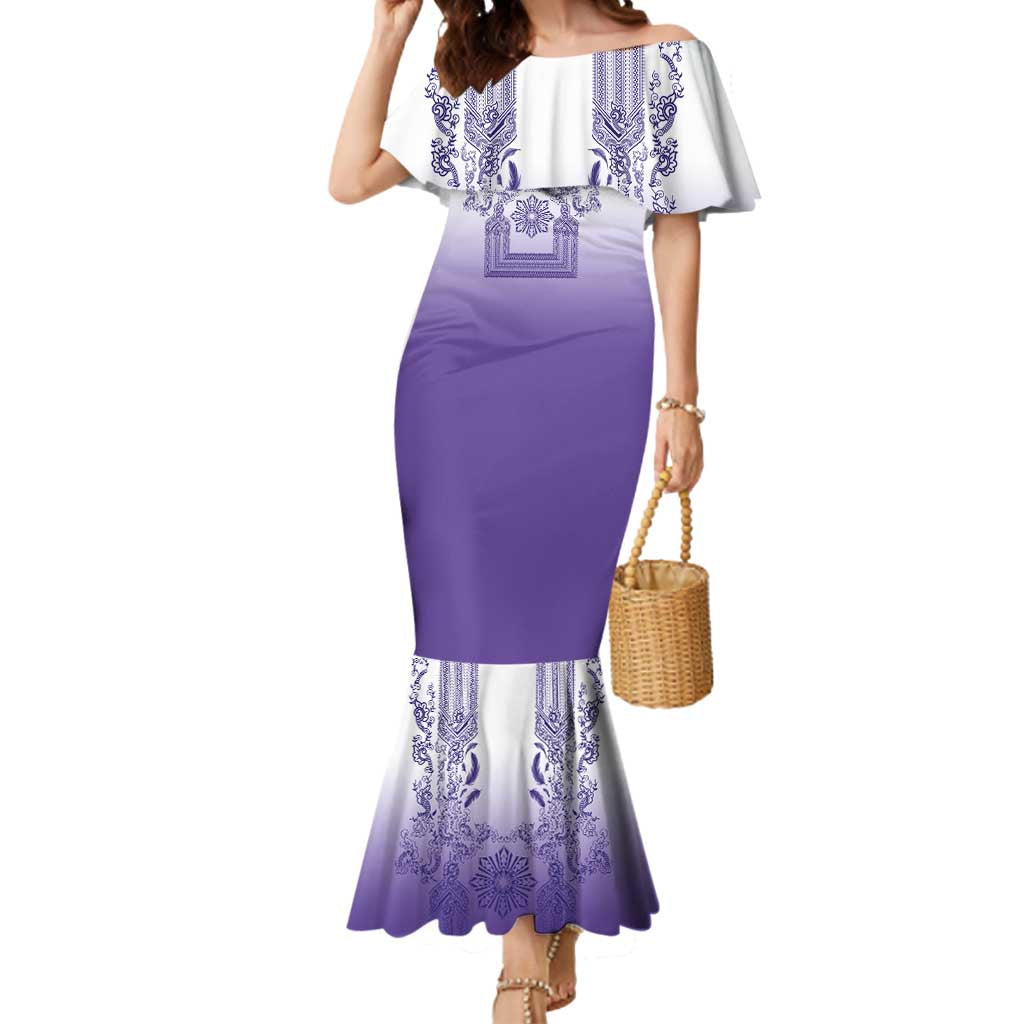Philippines Barong Style Mermaid Dress with Polynesian Art and Leaf Motif Purple Color