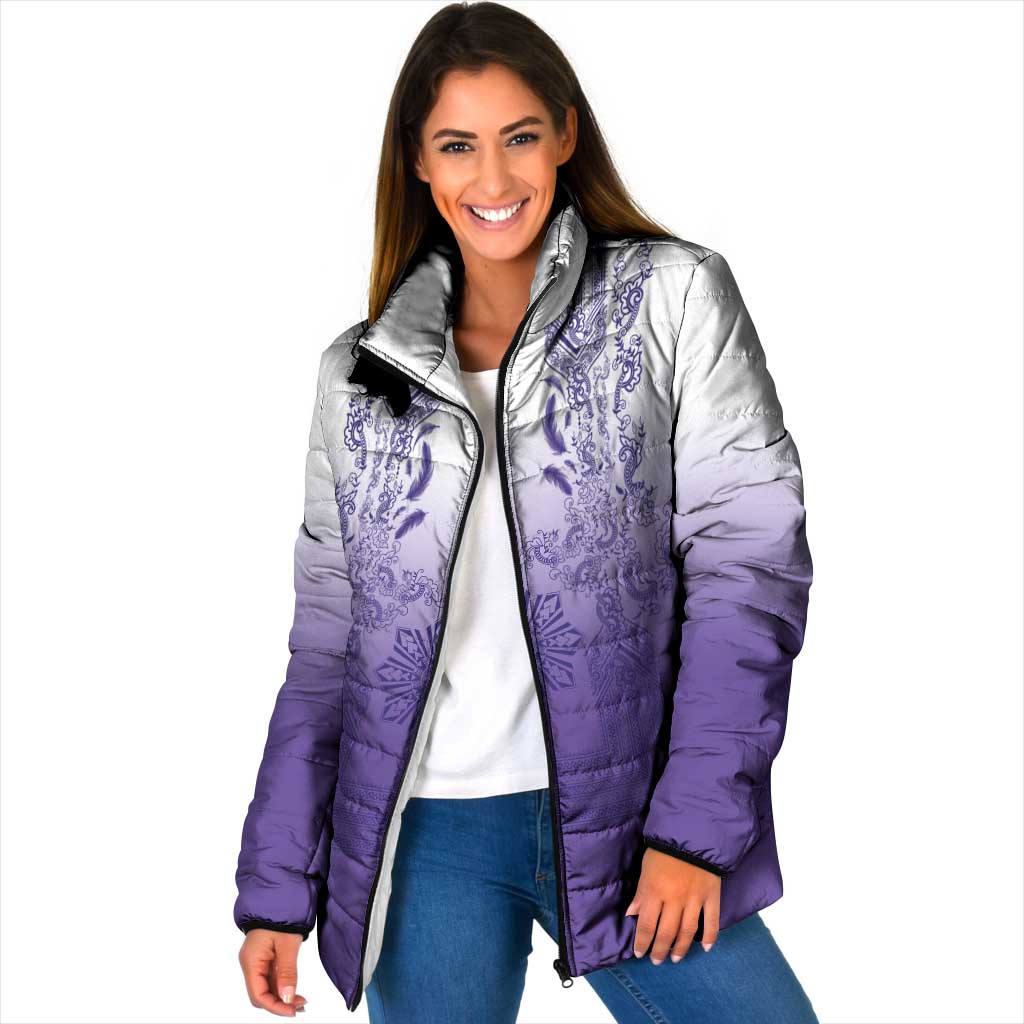 Philippines Barong Style Padded Jacket with Polynesian Art and Leaf Motif Purple Color