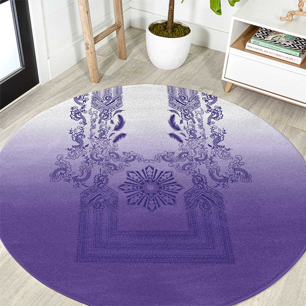 Philippines Barong Style Round Carpet with Polynesian Art and Leaf Motif Purple Color