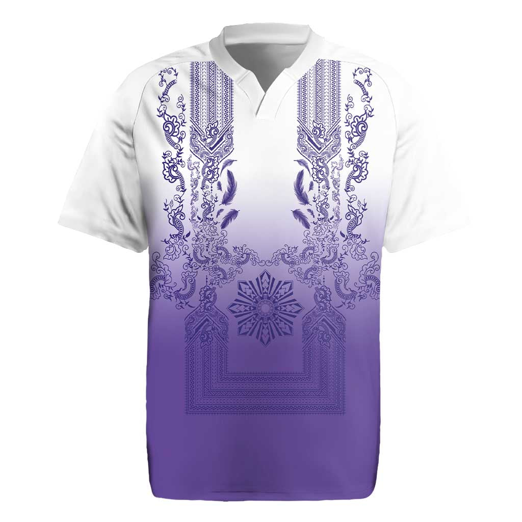 Philippines Barong Style Rugby Jersey with Polynesian Art and Leaf Motif Purple Color