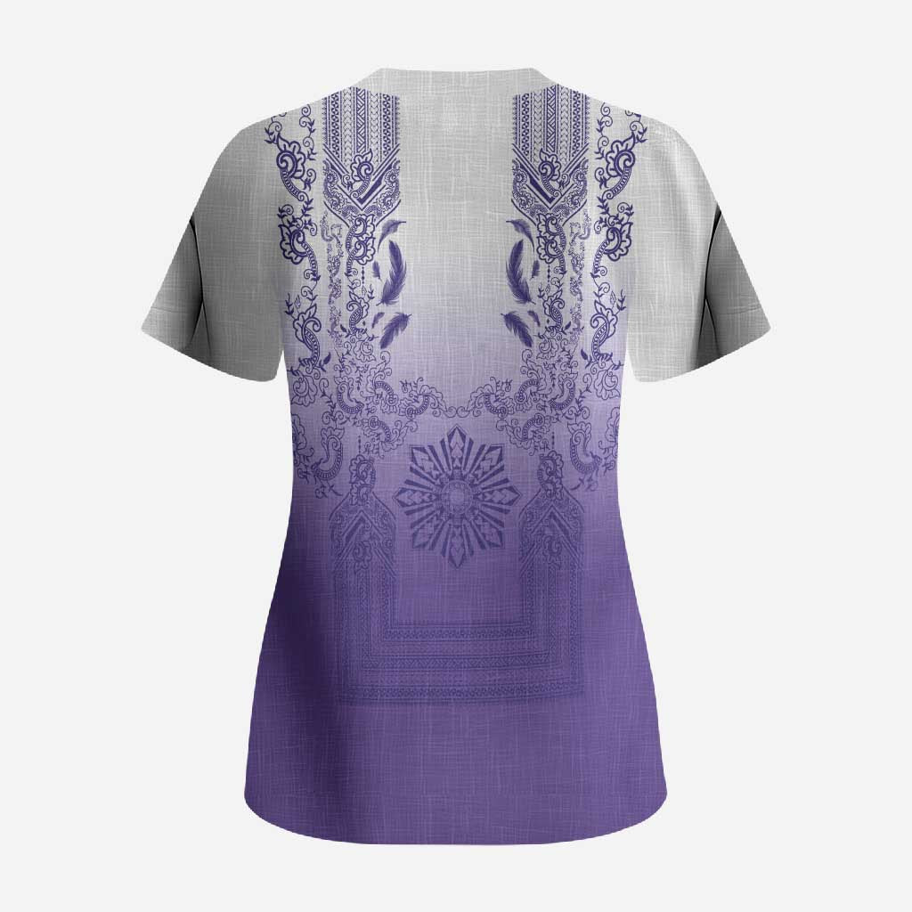 Philippines Barong Style Scrub Top with Polynesian Art and Leaf Motif Purple Color