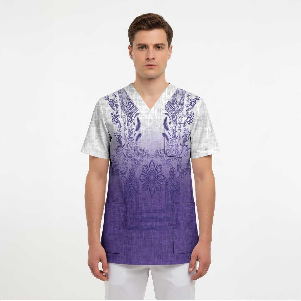 Philippines Barong Style Scrub Top with Polynesian Art and Leaf Motif Purple Color