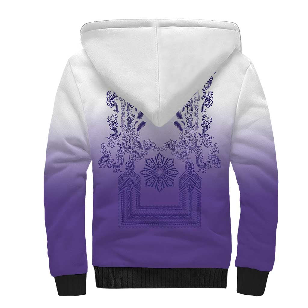 Philippines Barong Style Sherpa Hoodie with Polynesian Art and Leaf Motif Purple Color