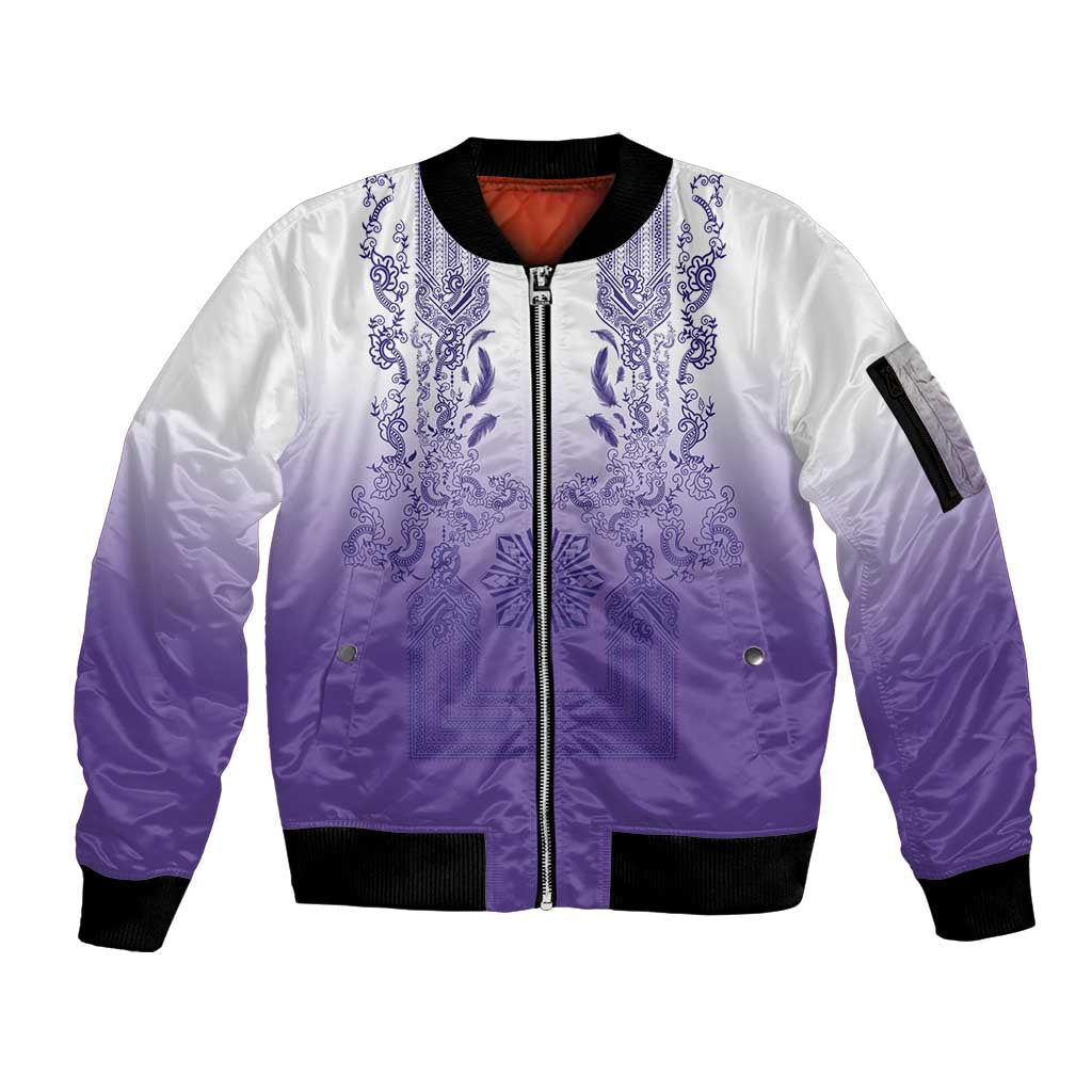 Philippines Barong Style Sleeve Zip Bomber Jacket with Polynesian Art and Leaf Motif Purple Color