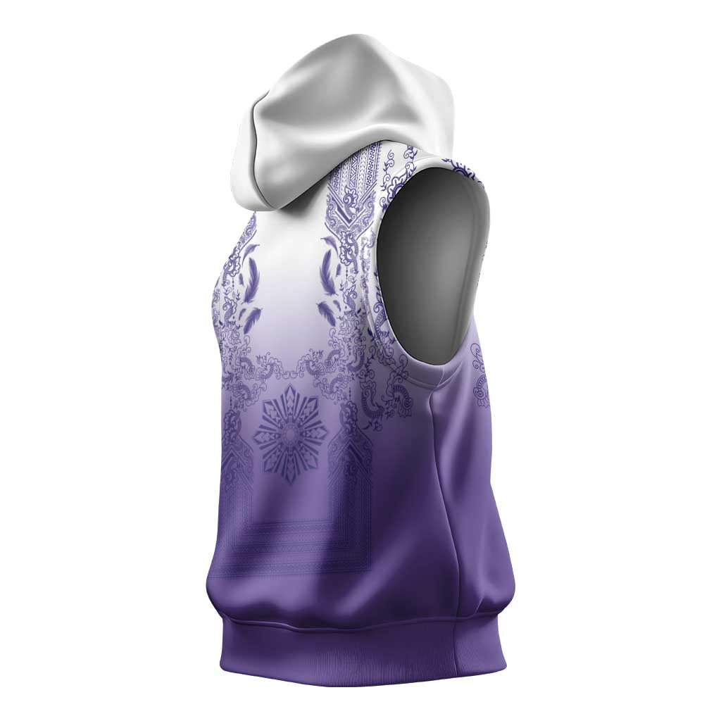 Philippines Barong Style Sleeveless Hoodie with Polynesian Art and Leaf Motif Purple Color