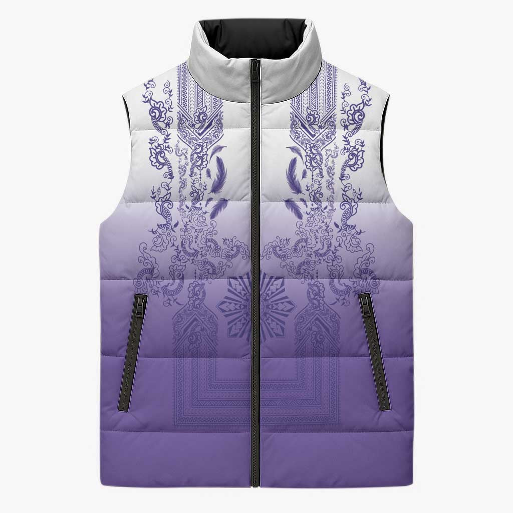 Philippines Barong Style Sleeveless Puffer Jacket with Polynesian Art and Leaf Motif Purple Color