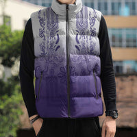 Philippines Barong Style Sleeveless Puffer Jacket with Polynesian Art and Leaf Motif Purple Color