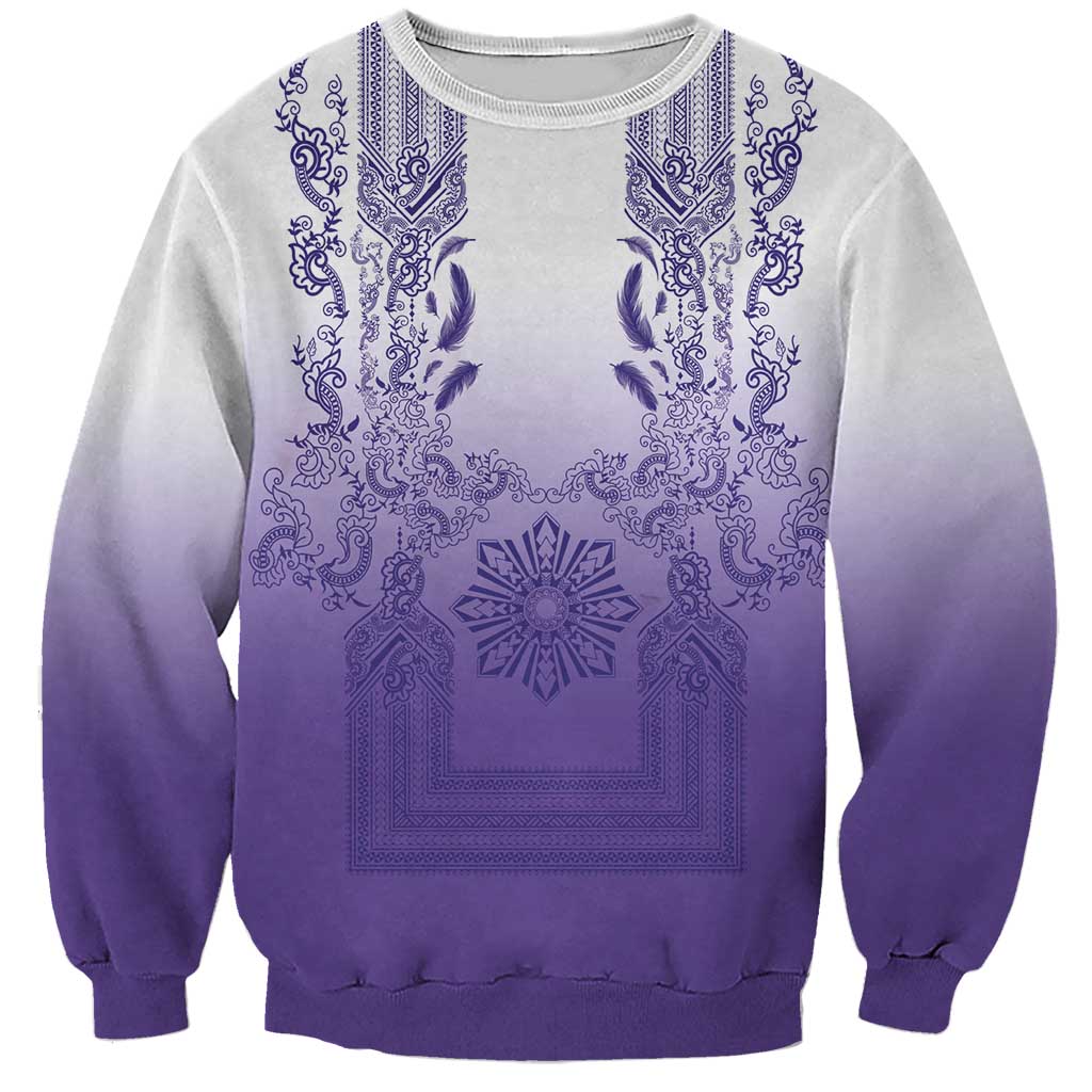 Philippines Barong Style Sweatshirt with Polynesian Art and Leaf Motif Purple Color