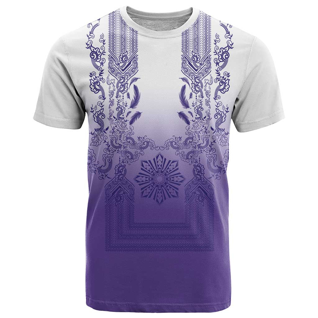 Philippines Barong Style T Shirt with Polynesian Art and Leaf Motif Purple Color